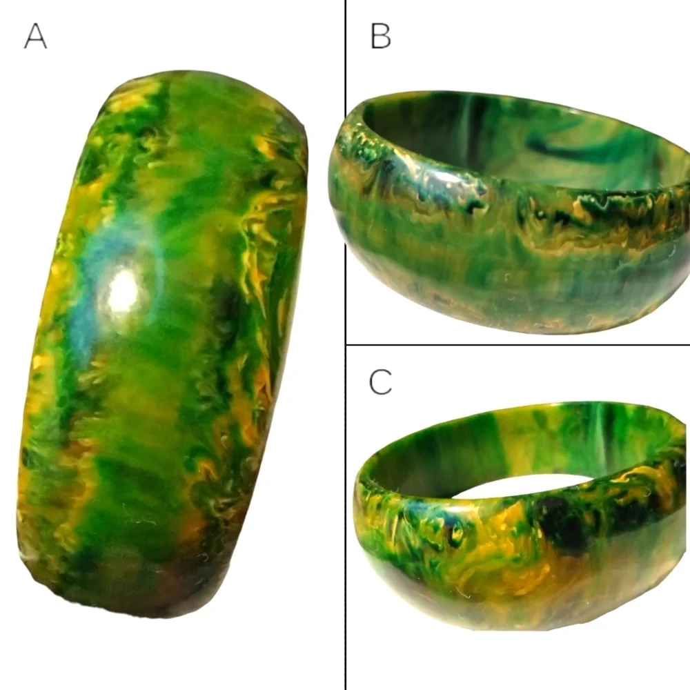 BAKELITE End of Day Marbled Bracelet & Earrings Green, Gold, Black Vintage Set